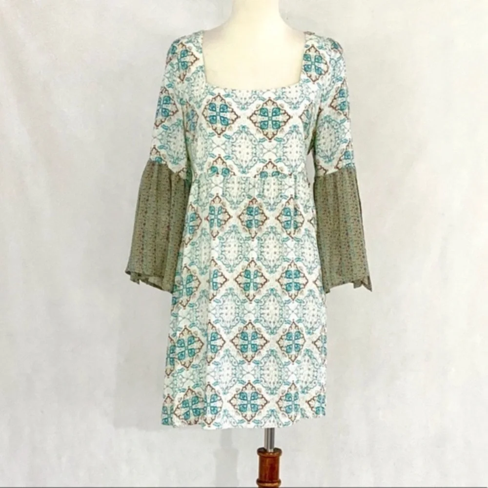 Umgee Aqua Teal Patterned Mini Dress with Olive Bell Sleeves - Picture 2 of 11